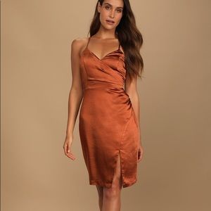 Lulu’s Bronze Satin Surplice Faux-Wrap Dress